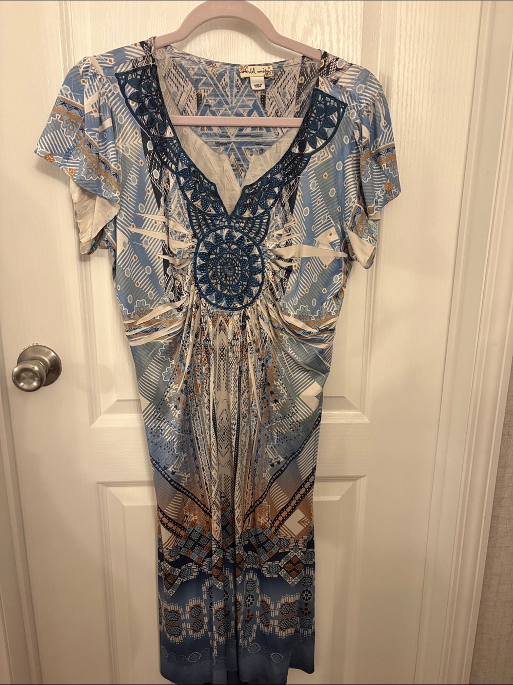 Boho Embroidered Blue Pattern Midi Dress